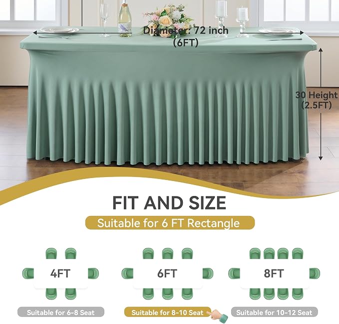Outpain Dusty Green Spandex Table Clothes for 6 Foot Rectangle Tables-2Pack 6FT Spandex Fitted Table Cover, Wrinkle Free Tablecloths with Skirt for Parties, Wedding, Birthday, Banquet, Festival