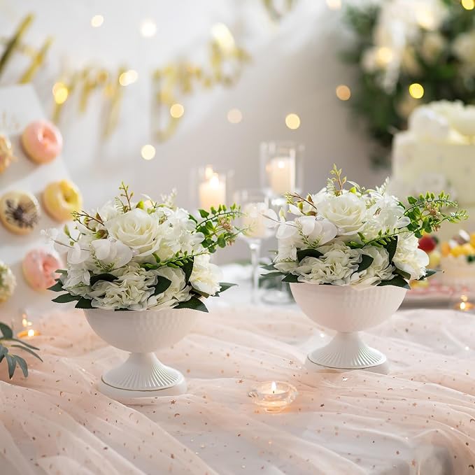 Sziqiqi Urn Vases for Wedding Centrepiece - 6in High White Metal Vase Set of 2 Small Vintage Flower Arrangement Pots for Table Centrepieces Elegant Hammered Vase for Christmas Anniversary Party