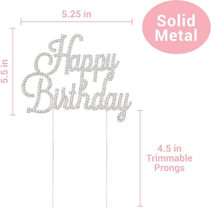 Happy Birthday Cake Topper - Premium Silver Metal - Happy Birthday Party Sparkly Rhinestone Decoration Makes a Great Centerpiece - Now Protected in a Box