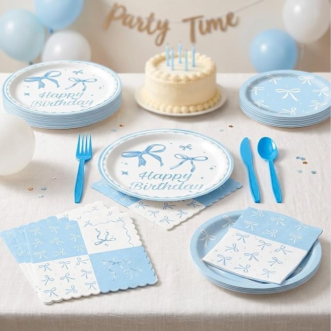 60Pcs Bow Party Supplies, Blue Bow Theme Party Decorations Include Blue Party Plates, Napkins, Forks, Knives, Spoons for Baby Shower Wedding Bridal Birthday Engagement Party Decor, Serves 10