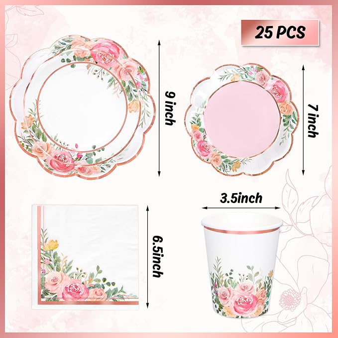 Whaline Floral Tableware Set Pink Flower Rose Gold Foil Disposable Party Supplies Scalloped Plates Paper Napkins Cups for 25 Guests Spring Wedding Bridal Baby Shower Birthday