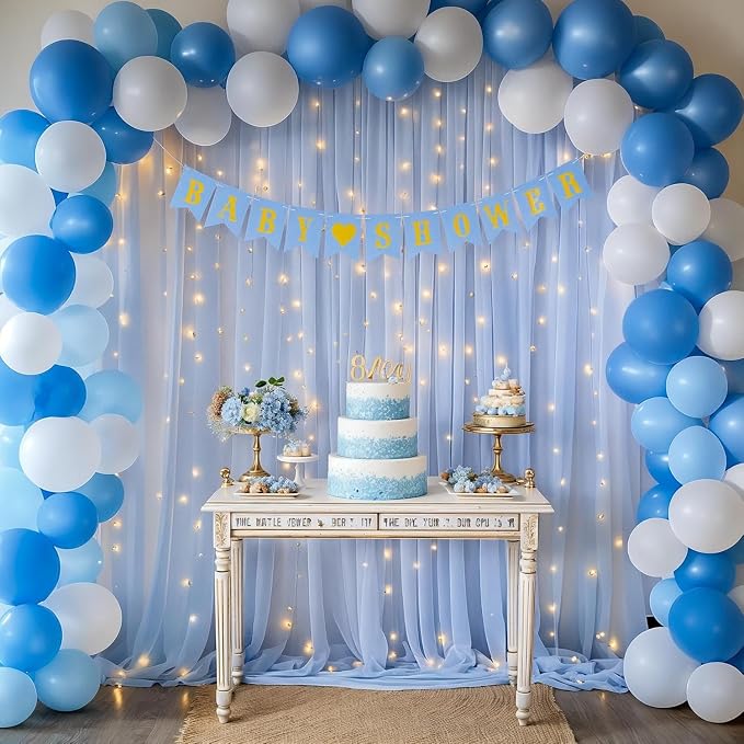 20ft x 10ft Baby Blue Chiffon Backdrop Curtain with Lights String for Parties,4 Panels Sheer Tulle Curtain Wedding Backdrop for Baby Shower Birthday Party Ceremony Reception Home Decorations