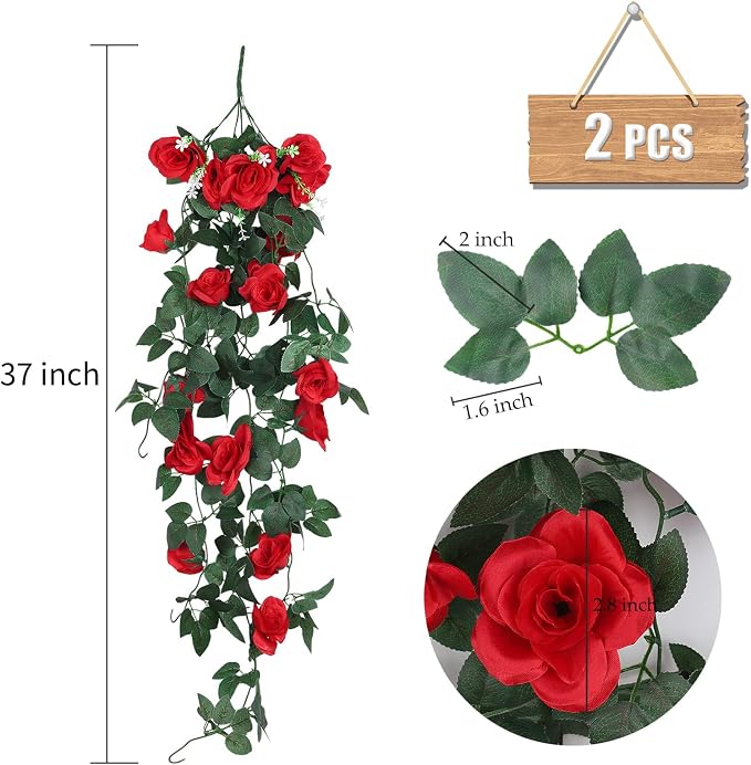 RECUTMS Artificial Red Roses Fake Hanging Flowers Plants, 2PCS 37 Inches Silk Floral Ivy Garland for Indoor Outdoors Home Garden Front Door Porch Wedding Derby Party Arch Valentines Greenery Decor