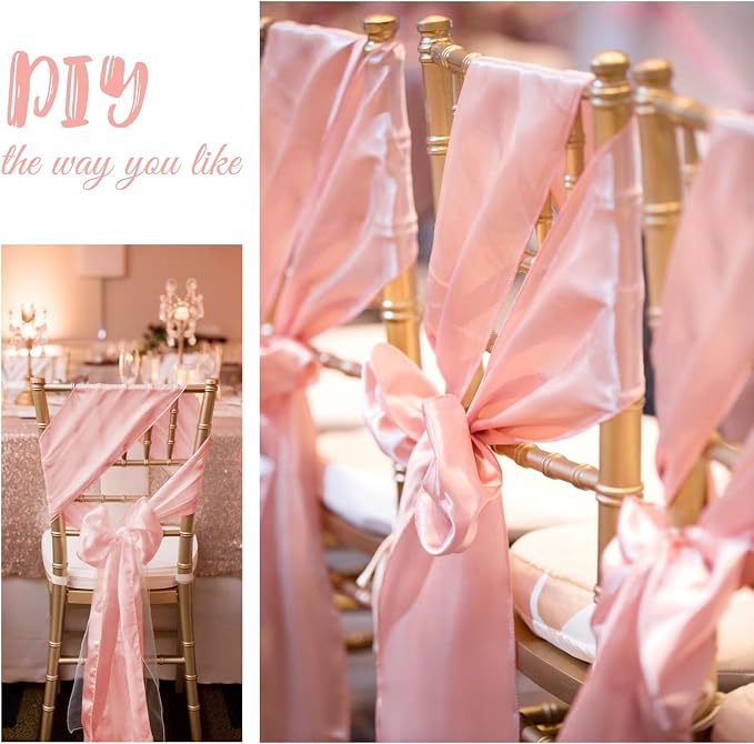 Pesonlook 120 PCS Rose Gold Satin Chair Sashes Bows,Satin Chair Sashes Universal Chair Cover for Wedding Reception Restaurant Event Decoration Banquet,Party,Hotel Event Decorations (7 x 108 inch)