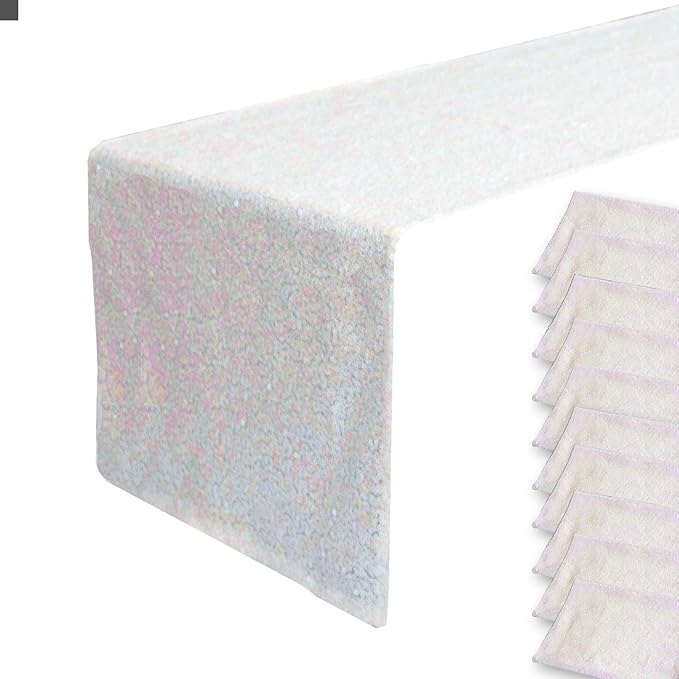 JYFLZQ Iridescent White Sequin Table Runner 12" x 72" Pack of 10 Sparkly White Metallic Table Runner Glitter Sequin Runner for Table Birthday Party Event Decorations