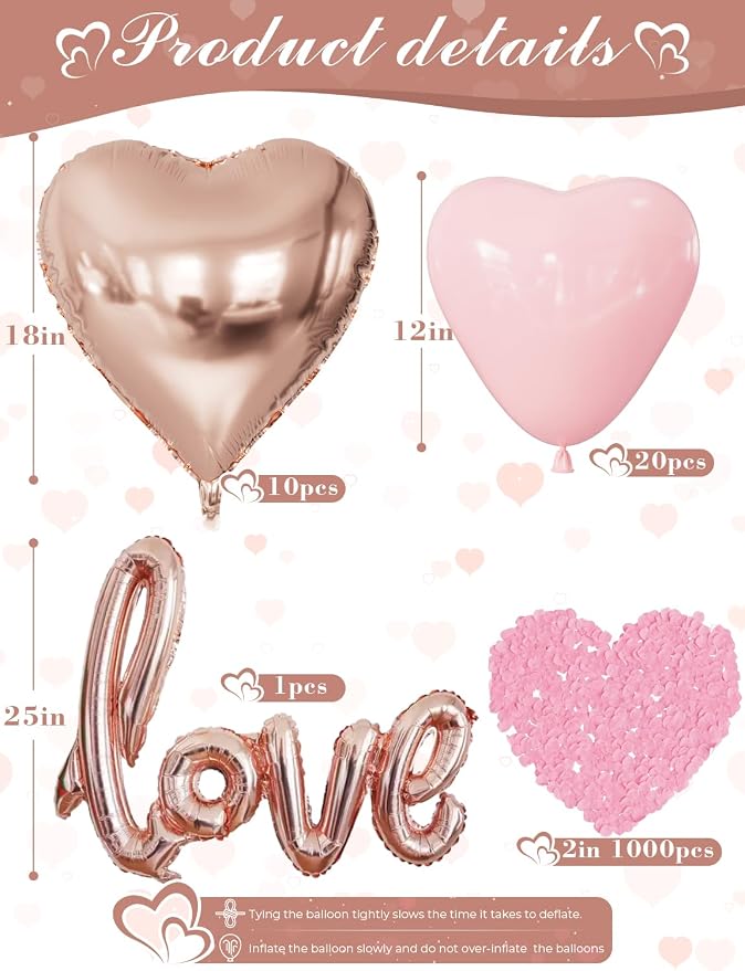 Rose Gold Anniversary Decorations Set, Heart Balloons with Happy Anniversary Banner and LOVE Foil Balloon, Romantic Decorations for a Special Night, Valentines Day Anniversary Party Surprise