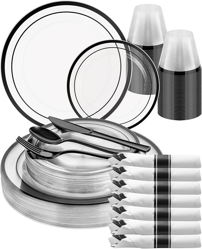 Goodluck 175 Pcs Disposable Clear and Black Party Plate Cup Napkin Sets | Black Plates for Party Include 50 Plates, 25 Pack Pre Rolled Napkins with Silverware, 25 Cups for Graduation, Halloween