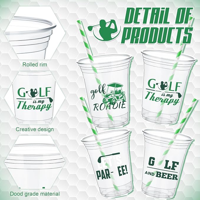 FoldTier 50 Pcs Golf Cups, 12 oz Disposable Plastic Cups with Straws and Lids Golf Clear mug Birthday Bachelor mugs Supplies Birthday Table Decorations Party Favor