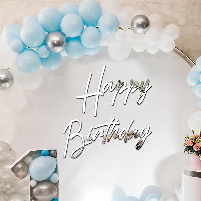 Yousoontic Happy Birthday Sign for Backdrop Large Happy Birthday Sticker Letter Acrylic Mirror Decal for Balloon Arch Wall Kpop Party, Peel Off Acrylic Film(23 x 20 Inches,Classic,Silver)
