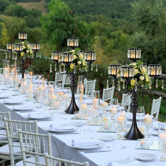 1PC Black 5 Arm Pendant Square Crystal Table Decor 22 Inch Candle Holder,Classic Elegant Table Centerpiece Atmosphere Candle Holder for Gift Wedding Party Home Decor