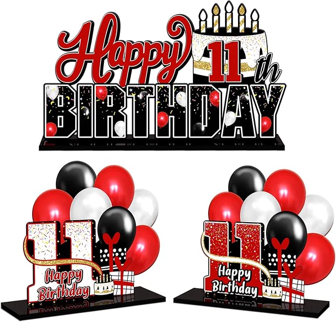 LINGTEER Happy 11th Birthday Red Acrylic Table Topper Centerpieces Set - Cheers to Eleven Years Old Birthday 11th Bday Party Gift Decorations.