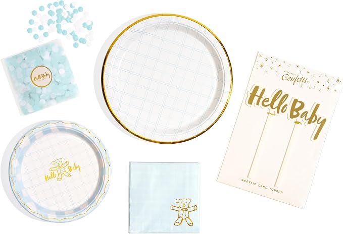 Baby Shower Celebration, Stylish Tableware Set for 8 Guests – Blue/White