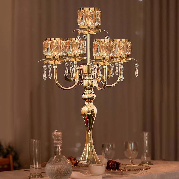 1PC Gold 5-Arm Crystal Pendant Metal Candle Holder with Square Crystal Bowl, 22-Inch Tall Wedding Table Centerpiece for Holiday Party Events, Christmas, Birthday Decorations