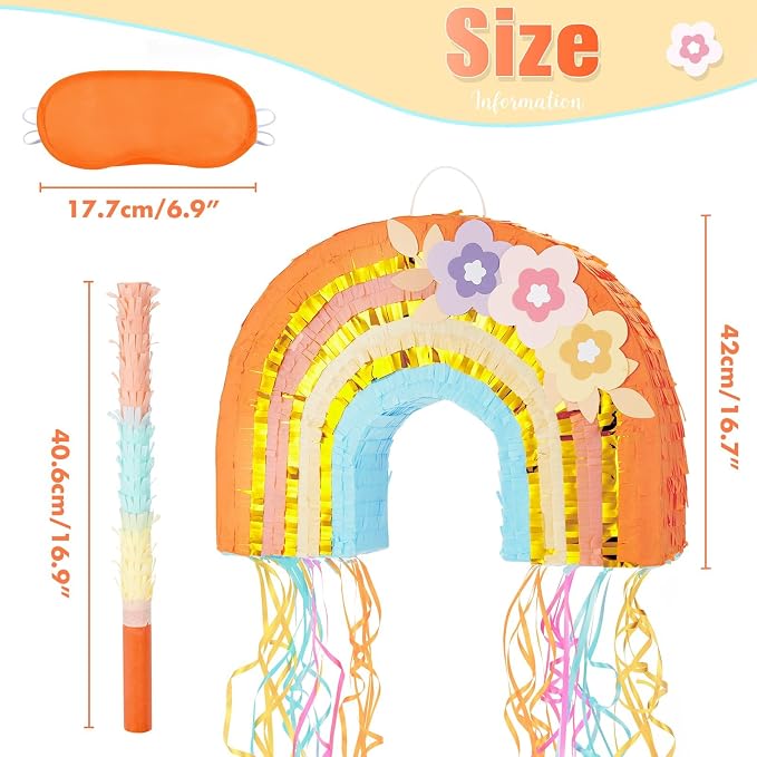WERNNSAI Rainbow Piñata - Rainbow Pull String Piñata with Bundle with Blindfold and Bat for Girls Kids Boho Theme Birthday Party Decoration Game for Baby Shower Carnival Summer Party Supplies