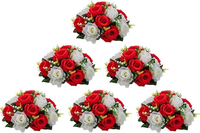 Artificial Flower Centerpieces for Tables: 6pcs of Rose Flower Balls, Flower Kissing Balls, Fake 15-head Plastic Flower Roses with Base for Birthday Party Christmas Home Wedding Decor (Red White)