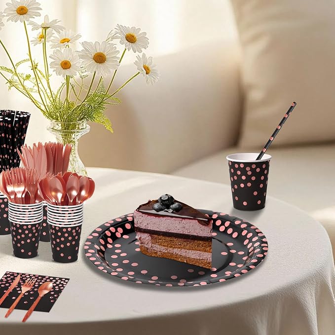 Nkaiso Paper Plates and Napkins Set, 193 Pieces Black and Rose Gold Party Supplies Includes Paper Plates Cups Napkins Straws and Cutlery for Birthday Wedding Holidays Parties Decorations-24 Guests