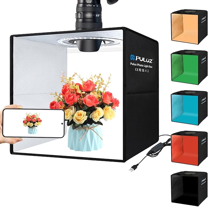 PULUZ 12x12 inch Professional Light Box Photography, Portable Folding Dimmable Shooting Tent Kit with CRI >95 White Lighting 120 LEDs Beads with 6 Colors Photo Backdrops for Products Display