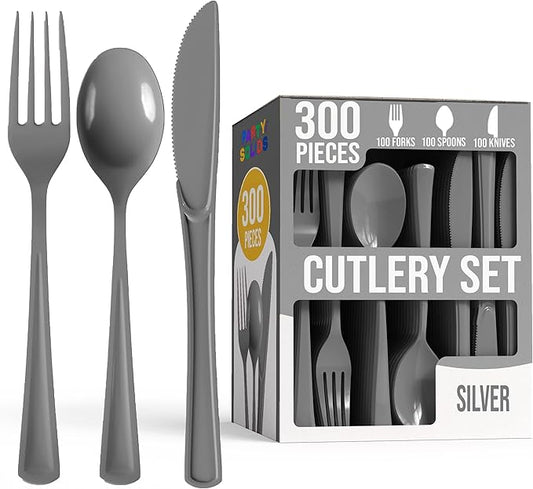 Party Solids Silver Plastic Silverware Heavy Duty 300 Pieces Silver Disposable Silverware Heavy Duty, Utensil Sets, 100 Of Each Forks, Knives & Spoons Disposable Cutlery Set For Party Supplies