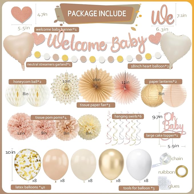 Champagne-Gold Baby Shower Decorations For Girl,65pcs Beige Fall Boho Party Décor with Netural Balloon,Welcome Banner,Sweet Peach Paper Fan Lanterns Pom Poms,Baby-Girl Party Favors Rustic Backdrop
