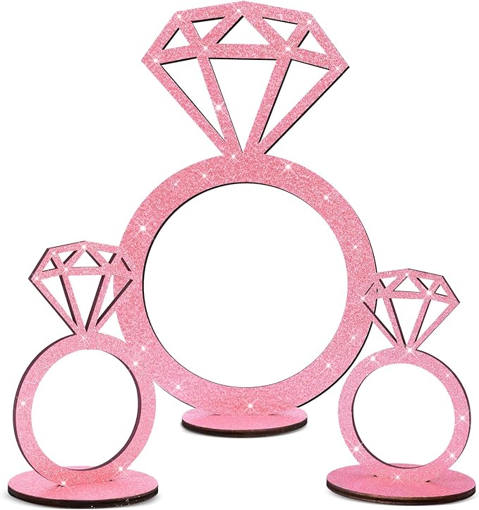 3 PCS Bridal Shower Centerpieces for Tables Diamond Ring Sign Table Centerpieces Pink Glitter Wooden Diamond Ring Sign Decor for Wedding Anniversary Supplies Batcholette Engagement Party