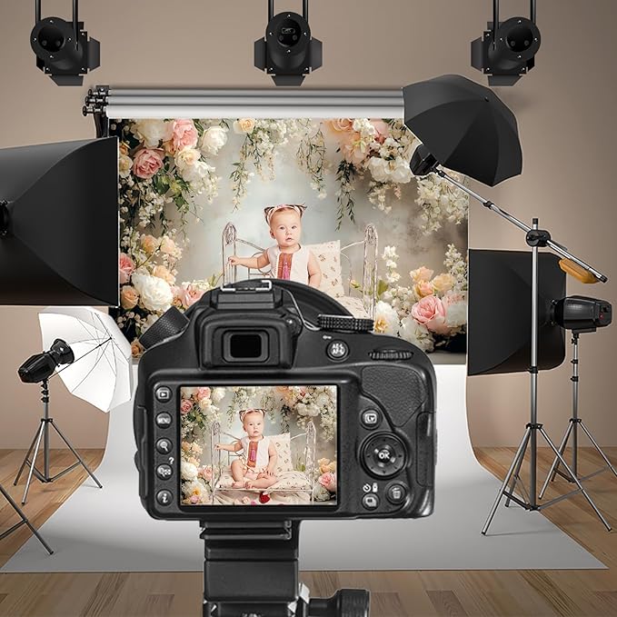Baocicco 8x6.5ft Vinyl Flowers Wall Photography Backdrop Vinatage Wall White Pink Floral European Style Background Outdoor Wedding Birthday Party Banner Supplies Garden Home Decor Studio Props