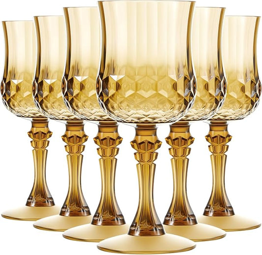 Pinkunn 6 Pcs 7 oz Plastic Vintage Wine Glasses Reusable Colored Goblets Patterned Drinking Water Glasses Cup Dishwasher Safe for Mother's Day Wedding Reception Party Supplies (Gold)