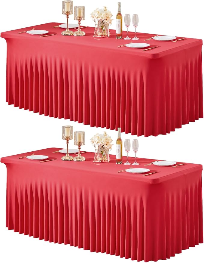 2 Packs Red Table Clothes for 4 Foot Rectangle Tables, Wrinkle Resistant Stretch Spandex Table Covers Fitted Tablecloth with Skirt for Valentines Wedding Birthday Party Event Banquet