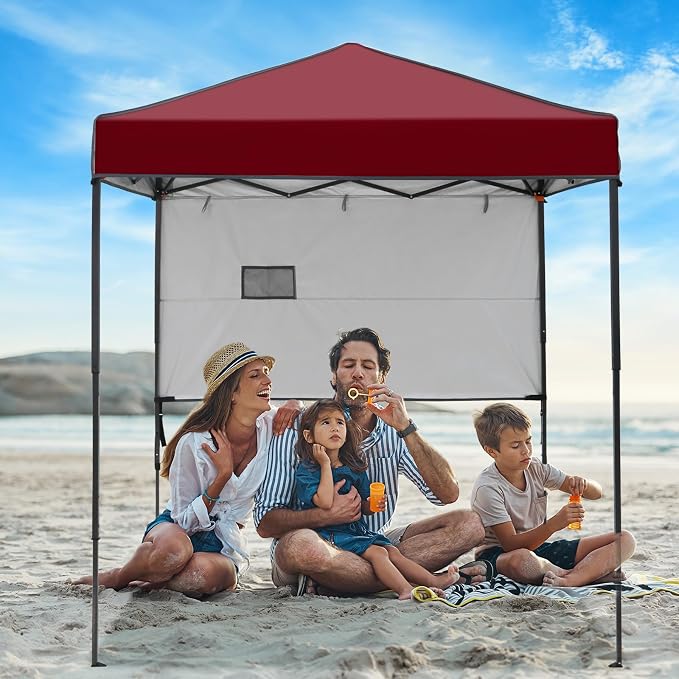 6x4 Pop Up Canopy Tent with Half Wall Panel, Instant Portable Beach Canopy, Outdoor Tent with Carry Bag for Camping, Sports, Tailgating, Events, Burgundy