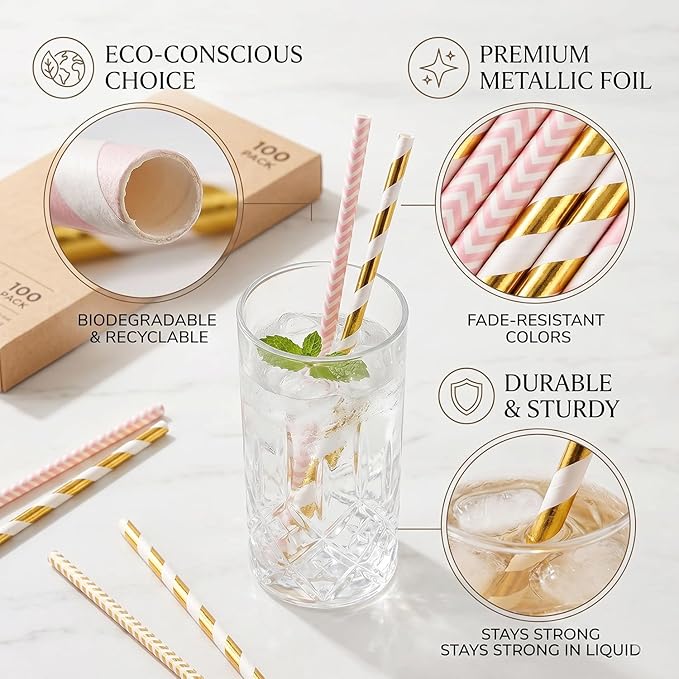 ALINK Biodegradable Paper Straws, 100 Pink and Gold Straws for Party Supplies, Birthday, Wedding, Bridal/Baby Shower, Christmas Decorations and Holiday Celebrations