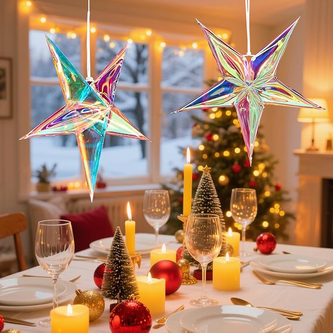 SUNBEAUTY 14 Inch 5 - Pointed Iridescent Christmas Lights Moravian Star 3D Christmas Party Decor Hanging for Wedding Birthday Showers Home Evening Party Window Decoration