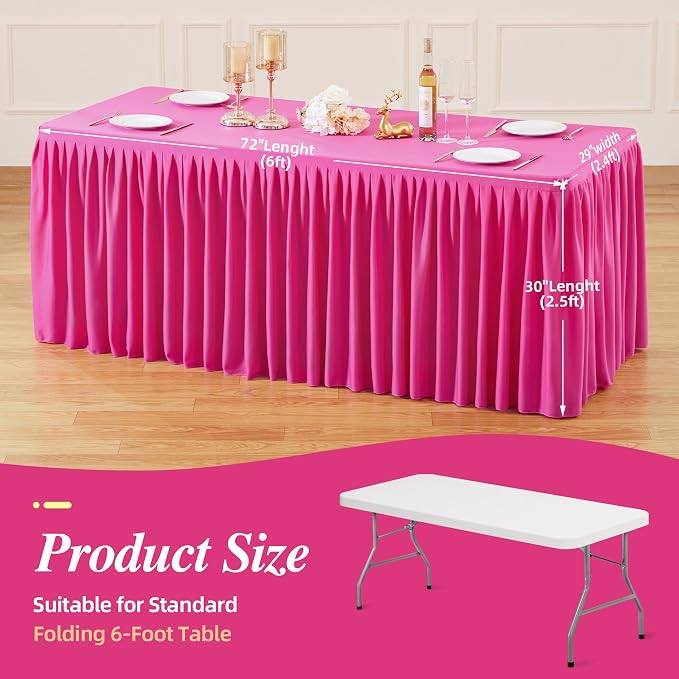 PARTISKY 2 Pack Hot Pink Tablecloths for Rectangle Tables 6ft, Wrinkle Resistant Spandex Table Cover Fitted Stretch Table Cloth with Pleated Ruffle Skirts for Party Banquet Dining Birthday Wedding