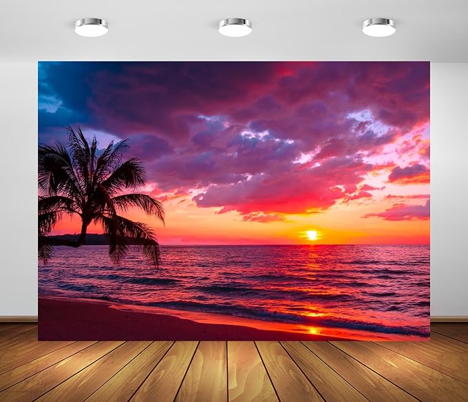 BELECO 20x10ft Fabric Sunset Beach Backdrop Tropical Seaside Coconut Palm Trees Background Backdrop Summer Beach Sunset Hawaii Luau Party Decorations Birthday Photoshoot Studio Photo Props