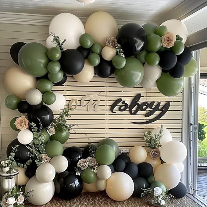 Black Sage Green Nude Balloon Garland Double Stuffed Olive Green Sand White Balloon Avocado Apricot Black Latex Arch Kit for Jungle Safari Wild One Birthday Baby Shower Woodland Decorations