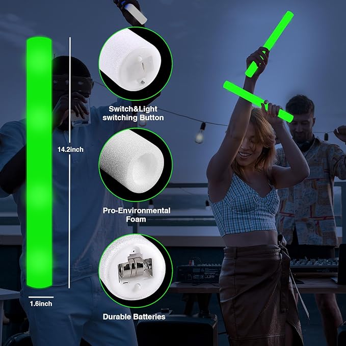 60Pcs LED Glow Foam Sticks Bulk,Light Up Glow Sticks with 3 Flashing Modes,Green Glow Wands Party Pack,Glow In The Dark Party Supplies for Halloween,Christmas,St.Patrick,Easter,Birthday