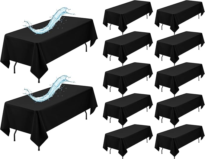 12 Pack Black Rectangle Tablecloth 60 x 102 Inch, Waterproof Polyester Table Cloth for 6 Foot Tables, Black Tablecloths Stain and Wrinkle Resistant Washable Fabric Table Cover for Party Dining Wedding