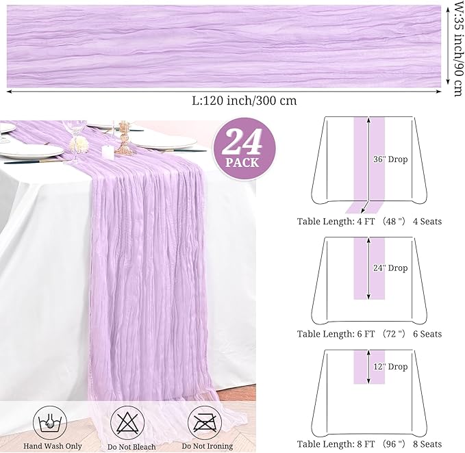 24 Pack Lavender Cheesecloth Table Runner,10FT Boho Gauze Tablerunner,35x120inch Rustic Table Runners for Wedding Party Bridal Shower Thanksgiving Christmas Boho Table Decoration