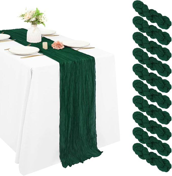 10 Pack Cheesecloth Table Runner 17 x 108 inch Long Boho Gauze Table Runners Semi Sheer Table Runner for Wedding Decor, Baby Shower, Birthday Party, Banquet (Emerald Green)