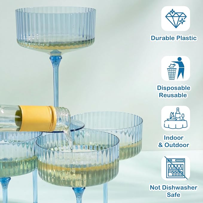LIYH 20pcs Plastic Martini Glasses 10 Oz Blue Disposable Cocktail Coupe Champagne Tower Cups Perfect for Bar Cocktails Martinis Parties