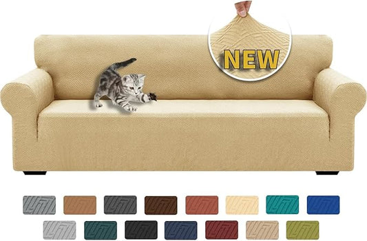 XINEAGE 2026 New Extra Large Couch Cover for 3 Cushion Couch (91"-110") 1 Piece Stretch Oversized Sofa Slipcovers Jacquard 4 Seater Furniture Protector Elastic Bottom for Kids,Pet (XL Sofa, Beige)