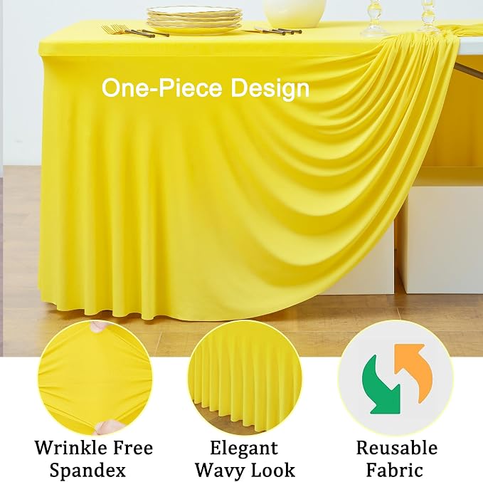 6 Pack Yellow Spandex Tablecloth for 6 Foot Rectangle Tables, Wrinkle Free Fitted Table Cloth Cover 6ft Yellow Stretchy Tablecloths with Skirt for Parties Weddings Birthday Banquet Baby Shower
