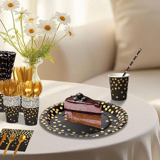 Nkaiso 193 Pcs Black Gold Paper Plates and Napkins Party Supplies Sets Include Black Party Plate Cup Napkin Plastic Cutlery for Baby Shower, Wedding, Birthday Decoration -24 Guest