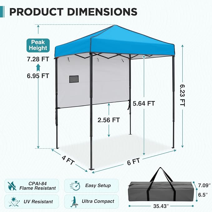 EAGLE PEAK 6x4 Instant Pop Up Canopy Tent with 1 Half Wall Panel, Straight Leg Sun Shelter, Portable Canopy with Carry Bag for Camping, Beach & Sports, Light Blue