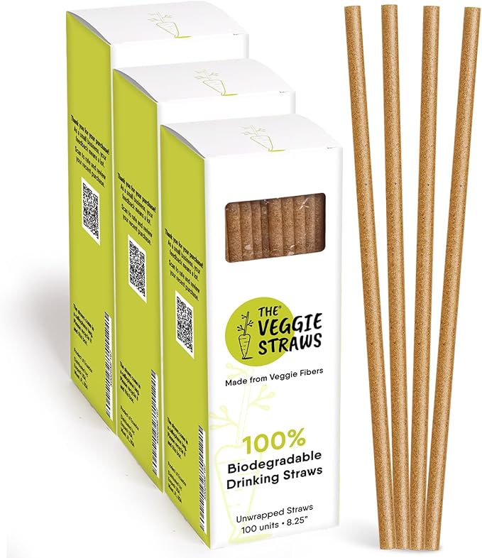 The Veggie Straws – 300 PCS of 8.25 Inches Unwrapped Biodegradable Straws – Made of Vegetable Fibers, Best Environment Friendly Drinking Straws for Hot and Cold Beverages