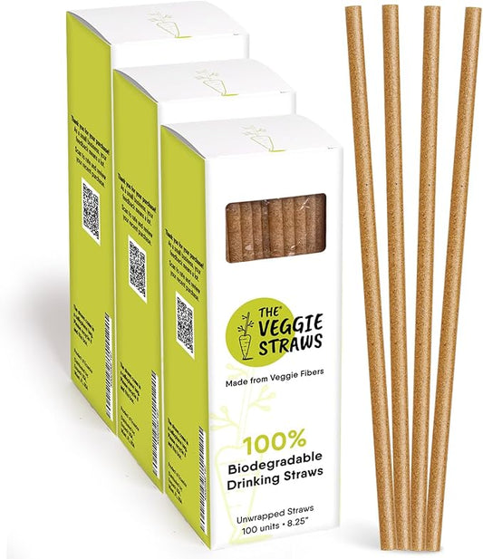 The Veggie Straws – 300 PCS of 8.25 Inches Unwrapped Biodegradable Straws – Made of Vegetable Fibers, Best Environment Friendly Drinking Straws for Hot and Cold Beverages
