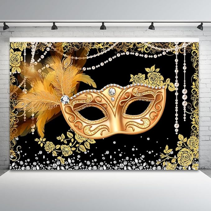 8x6ft Masquerade Backdrop Black Gold Masquerade Ball Decoration Mardi Gras Carnival Party Photography Background Birthday Banner Dress-up Prom Cake Smash Photo Booth Prop