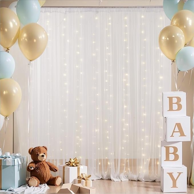 20x8ft White Tulle Backdrop Curtain with Lights String for Parites, Sheer Backdrop Curtains for Wedding Baby Shower Birthday Party Photo Shoot Decorations
