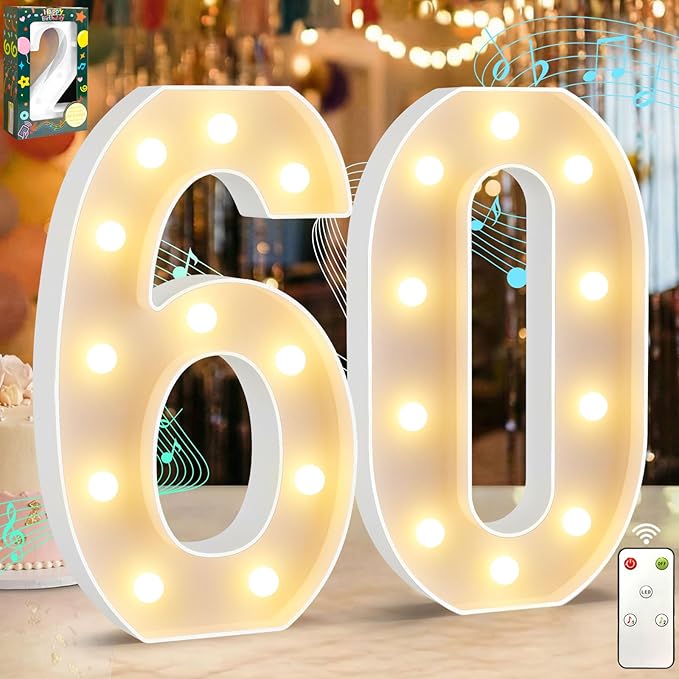 12.6 Inch LED Marquee Light Up Numbers 60 with Happy Birthday Music, Remote 60th Birthday Number Lights as Gifts for Women Men, Lighted Marquee Numbers for Table Party Decorations