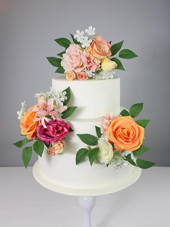 Rinlong 3Pcs Pre-made Cake Flowers Pink Coral Cake Decorations Wedding Cake Decorating Flowers Decor Girls Women Birthday Party Artificial Flowers Cake Toppers