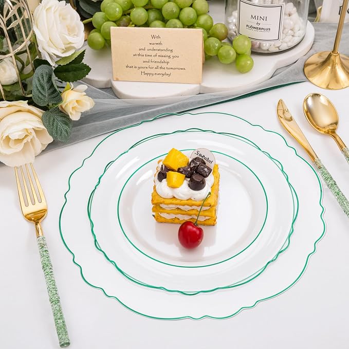 Liacere 150PCS Clear and Green Plastic Plates - Disposable Plates with Glitter Bamboo Handle Cutlery - 60 Baroque Elegant Plates,30Forks,30Spoons,30Knives for Wedding & Party