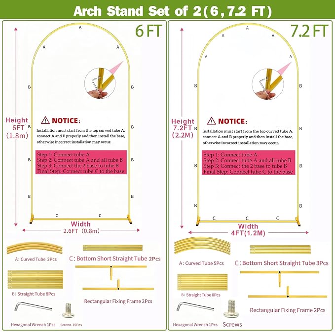 Wedding Arch Backdrop Stand Set of 2 (7.2FT, 6FT),Gold Metal Arch Backdrop Stand,Balloon Arch Stand for Wedding Ceremony Baby Shower Outdoor Indoor Birthday Party Graduation Decoration
